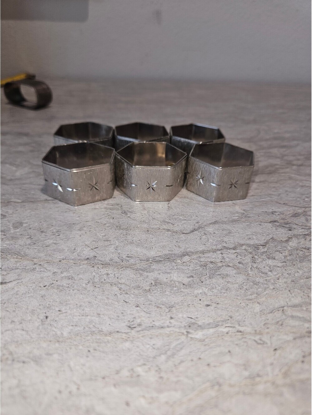 Set of 6 Vintage Silver Hexagonal Napkin Rings from Hong kong